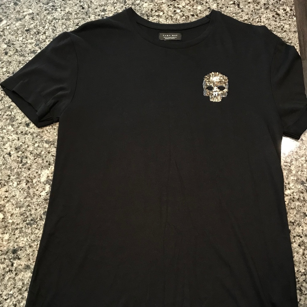 Black Zara T-Shirt with Skull Embroidery